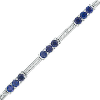 3.5mm Lab-Created Blue Sapphire and 0.18 CT. T.W. Diamond Three Stone Station Bracelet in Sterling Silver - 7.5"