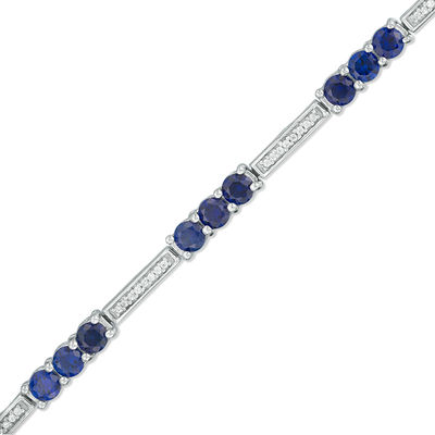 3.5mm Lab-Created Blue Sapphire and 0.18 CT. T.W. Diamond Three Stone Station Bracelet in Sterling Silver - 7.5"