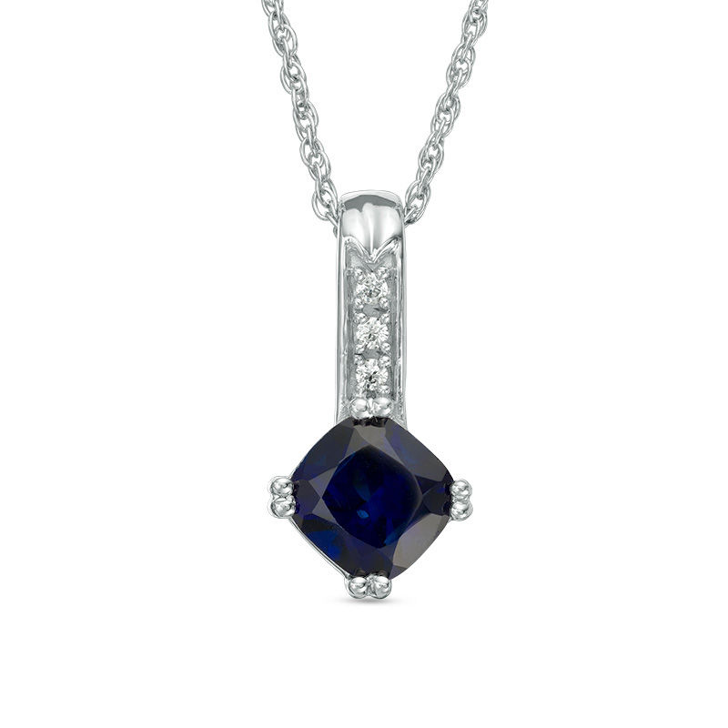 Main Image 1 of 6.0mm Cushion-Cut Lab-Created Blue Sapphire and Diamond Accent Drop Pendant in 10K White Gold