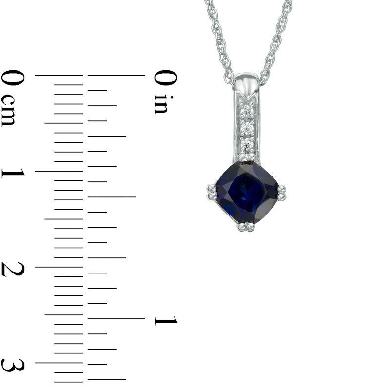 Main Image 2 of 6.0mm Cushion-Cut Lab-Created Blue Sapphire and Diamond Accent Drop Pendant in 10K White Gold