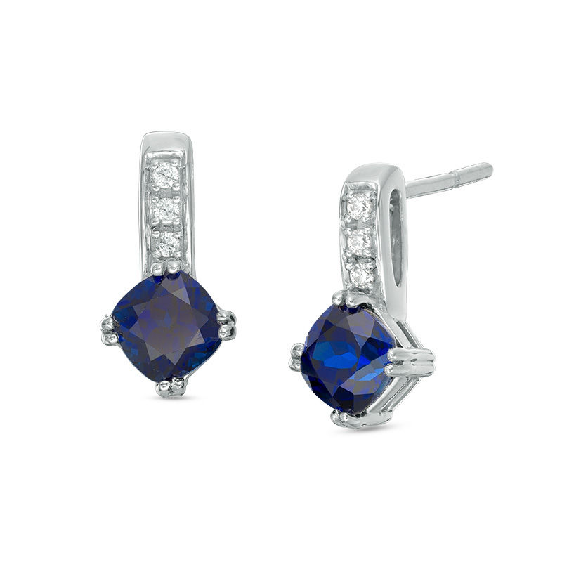 5.0mm Cushion-Cut Lab-Created Blue Sapphire and Diamond Accent Drop Earrings in 10K White Gold