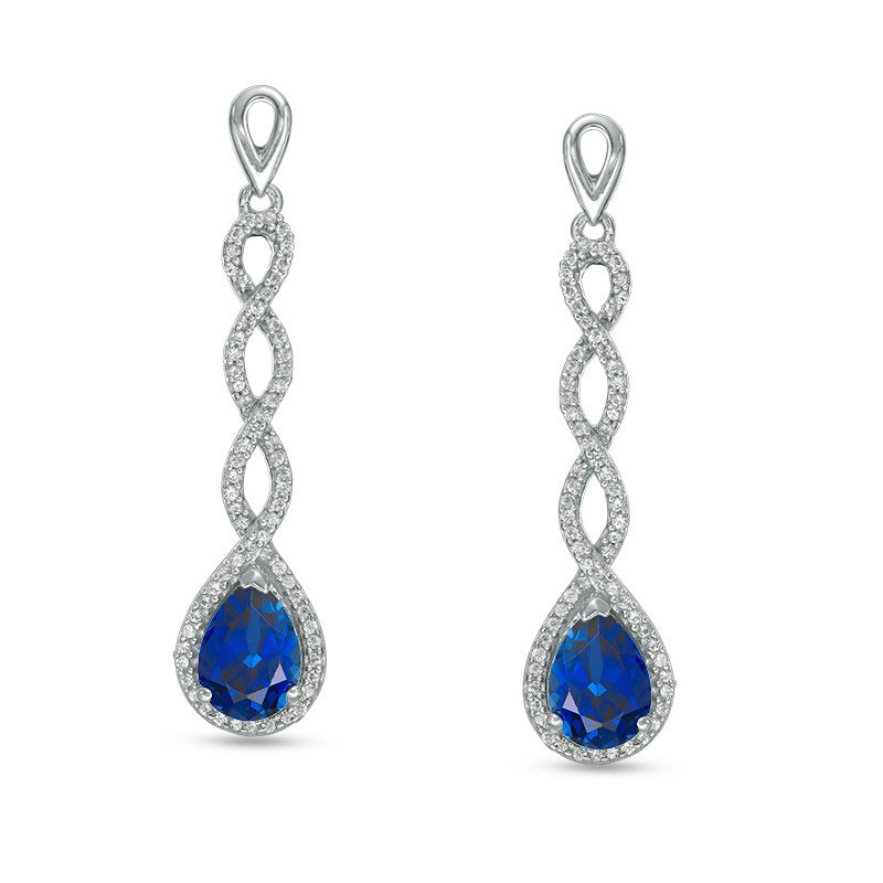Pear-Shaped Lab-Created Blue Sapphire and 0.30 CT. T.W. Diamond Cascading Drop Earrings in Sterling Silver