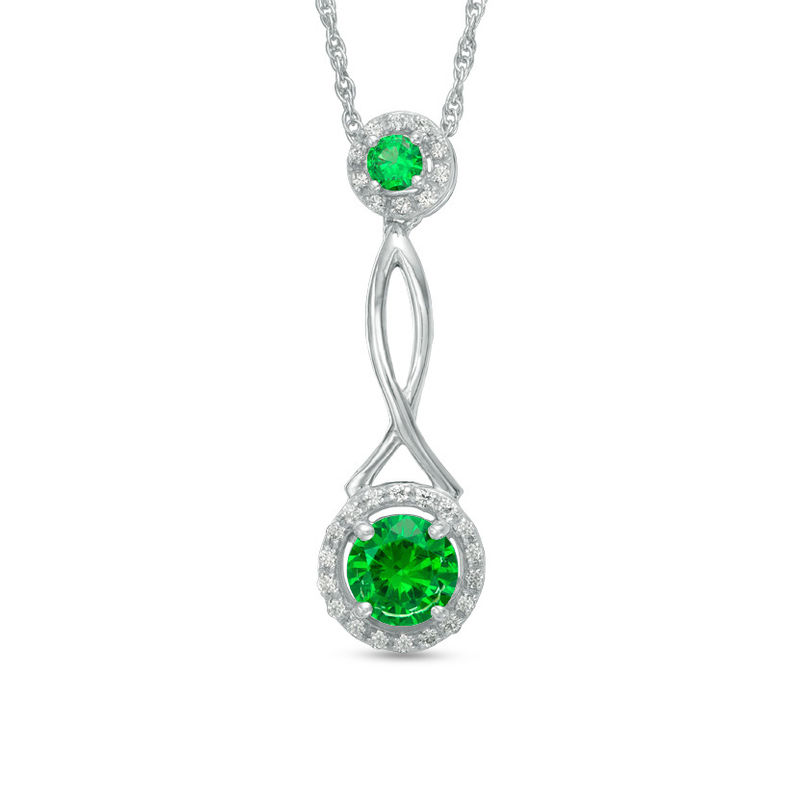 6.0mm Lab-Created Emerald and 0.11 CT. T.W. Diamond Frame Pendulum Pendant in Sterling Silver