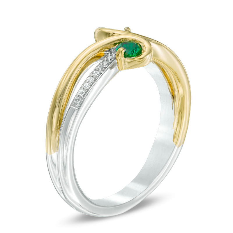 Lab-Created Emerald and Diamond Accent Split Shank Bypass Ring in Sterling Silver and 10K Gold