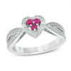 Thumbnail Image 0 of Lab-Created Ruby and Diamond Accent Three Stone Heart Split Shank Ring in Sterling Silver