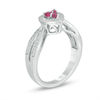 Thumbnail Image 1 of Lab-Created Ruby and Diamond Accent Three Stone Heart Split Shank Ring in Sterling Silver