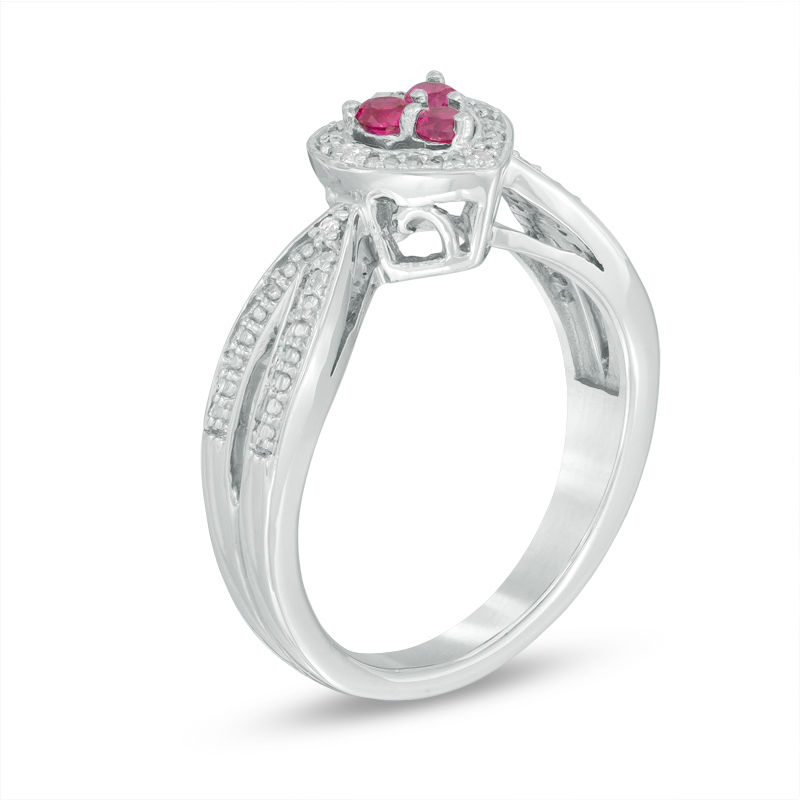 Lab-Created Ruby and Diamond Accent Three Stone Heart Split Shank Ring in Sterling Silver