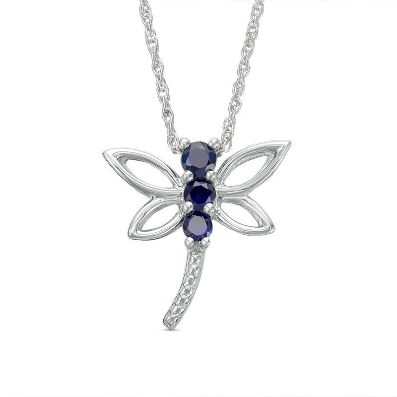 Lab-Created Blue Sapphire Beaded Dragonfly Pendant in Sterling Silver|Peoples Jewellers