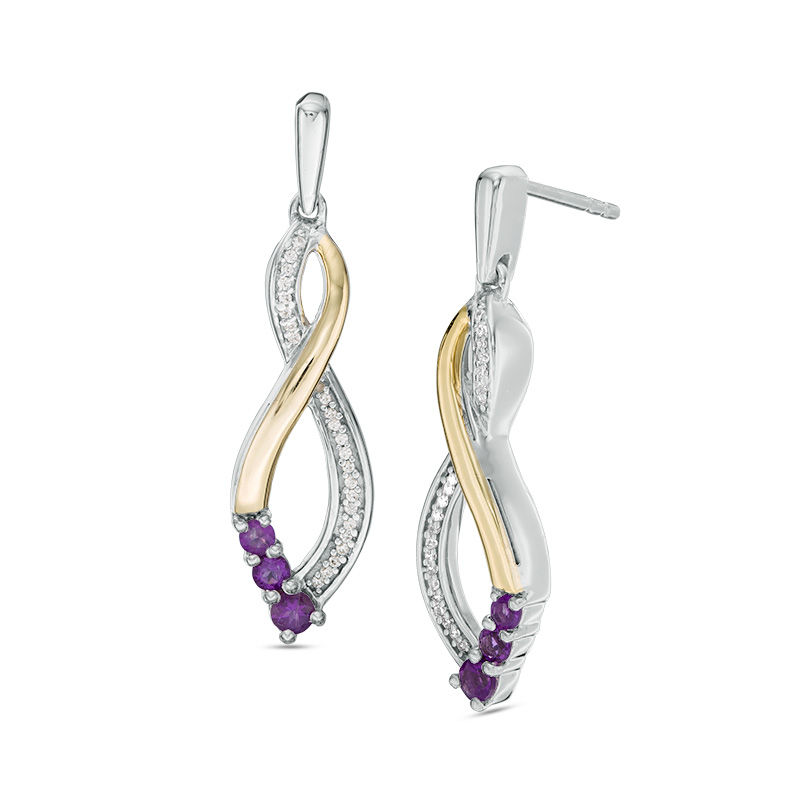 Amethyst and Diamond Accent Three Stone Infinity Drop Earrings in Sterling Silver and 10K Gold