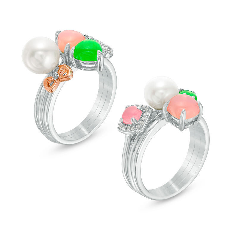 7.0 - 7.5mm Cultured Freshwater Pearl and Multi-Gemstone with Diamond Accent Six Piece Ring Set in Sterling Silver