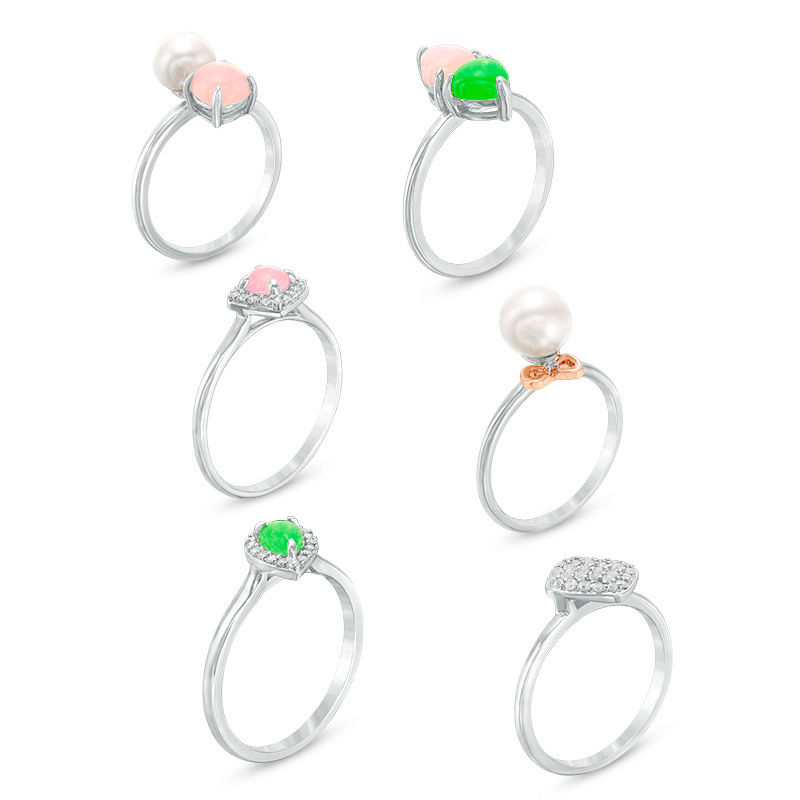 7.0 - 7.5mm Cultured Freshwater Pearl and Multi-Gemstone with Diamond Accent Six Piece Ring Set in Sterling Silver