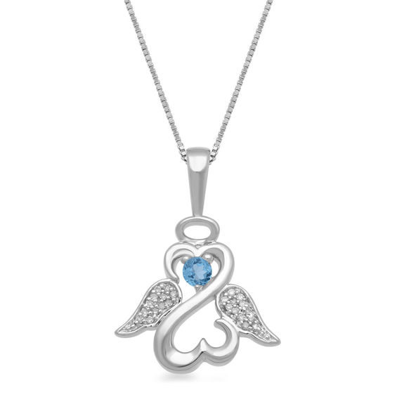Open Hearts by Jane Seymour™ 2.5mm Blue Topaz and Diamond Accent Angel Wings and Halo Pendant in Sterling Silver