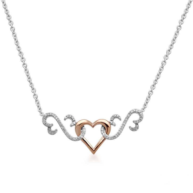Main Image 1 of Open Hearts by Jane Seymour™ 0.15 CT. T.W. Diamond Interlocking Heart Necklace in Sterling Silver and 10K Rose Gold - 17"