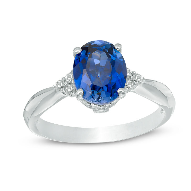 Oval Lab-Created Blue and White Sapphire Tri-Sides Ring in 10K White Gold