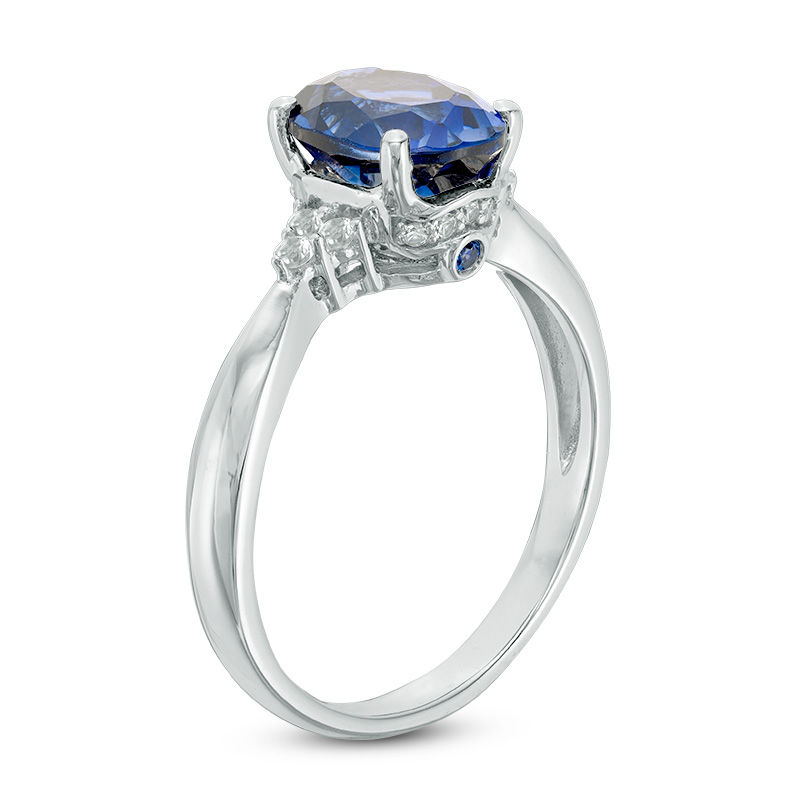 Oval Lab-Created Blue and White Sapphire Tri-Sides Ring in 10K White Gold