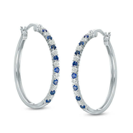 Alternating Lab-Created Blue and White Sapphire Hoop Earrings in ...