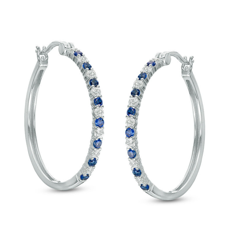 Alternating Lab-Created Blue and White Sapphire Hoop Earrings in Sterling Silver