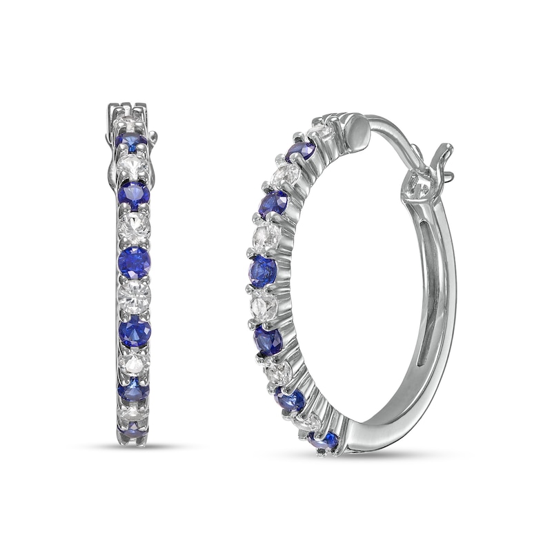 Main Image 1 of Alternating Lab-Created Blue and White Sapphire Hoop Earrings in Sterling Silver
