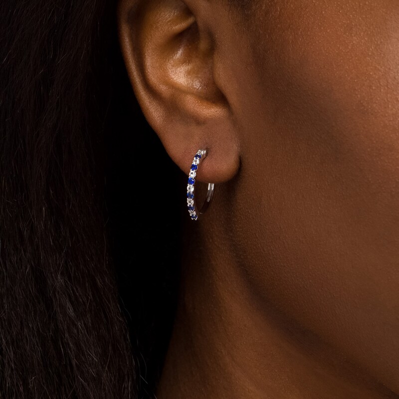 Main Image 2 of Alternating Lab-Created Blue and White Sapphire Hoop Earrings in Sterling Silver