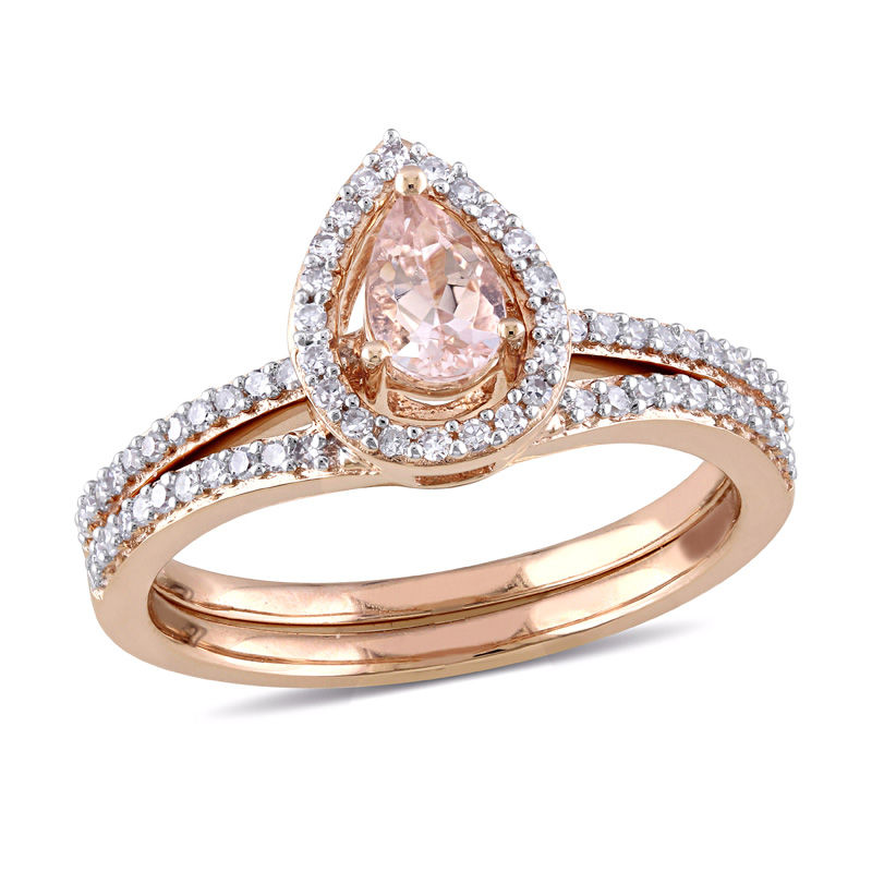 Pear-Shaped Morganite and 0.33 CT. T.W. Diamond Frame Bridal Set in 10K Rose Gold|Peoples Jewellers