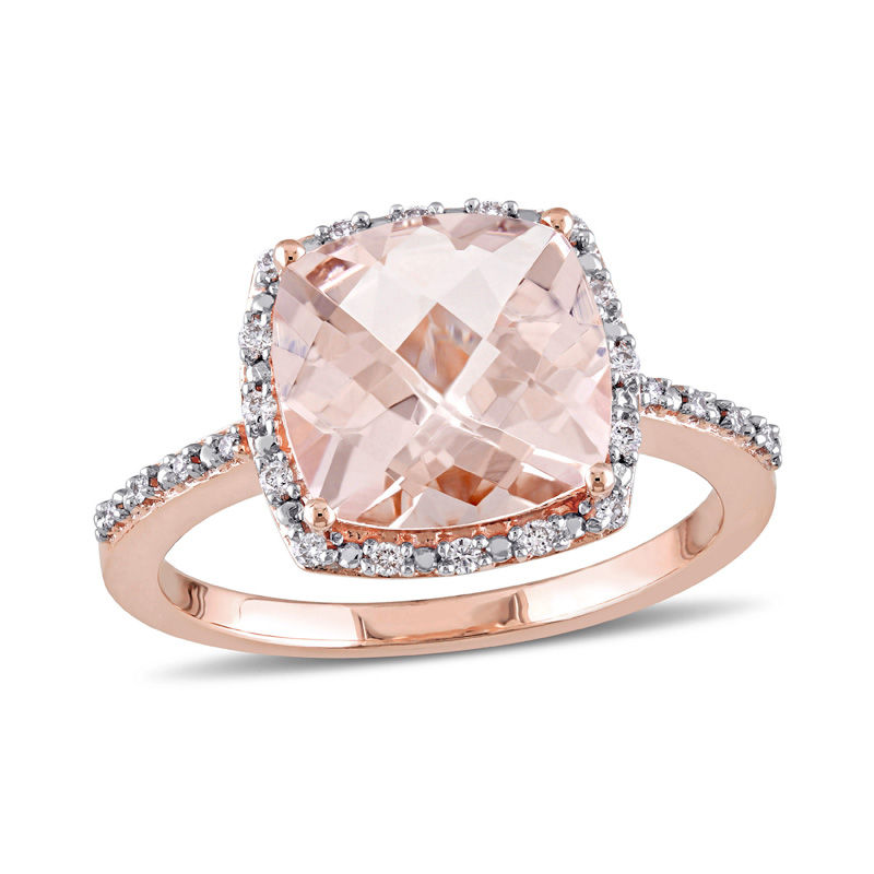10.0mm Cushion-Cut Morganite and 0.10 CT. T.W. Diamond Frame Engagement Ring in 14K Rose Gold