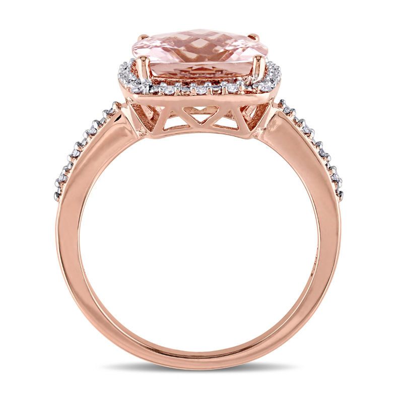 Main Image 3 of 10.0mm Cushion-Cut Morganite and 0.10 CT. T.W. Diamond Frame Engagement Ring in 14K Rose Gold