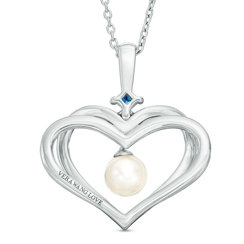 The Kindred Heart from Vera Wang Love Collection Cultured Freshwater Pearl and Sapphire Pendant in Sterling Silver