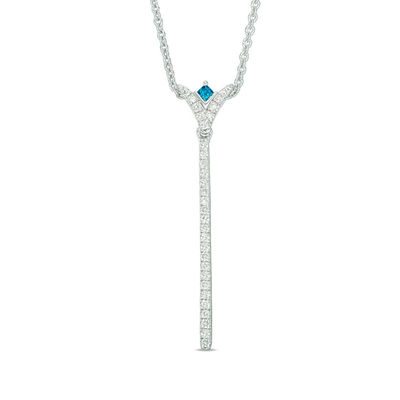 Vera Wang Love Collection 0.18 CT. T.W. Diamond and Princess-Cut Blue Sapphire "V" Drop Necklace in Sterling Silver