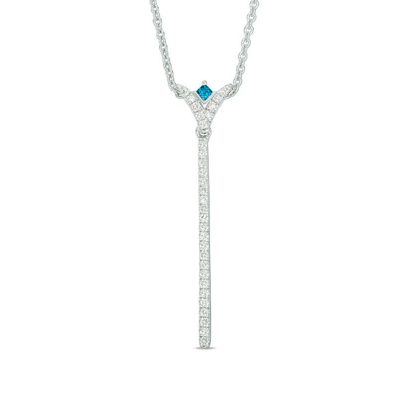 Vera Wang Love Collection 0.18 CT. T.W. Diamond and Princess-Cut Blue Sapphire "V" Drop Necklace in Sterling Silver|Peoples Jewellers