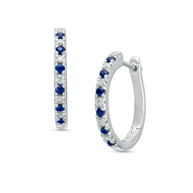 Vera Wang Love Collection 0.12 CT. T.W. Diamond and Blue Sapphire Alternating Hoop Earrings in Sterling Silver