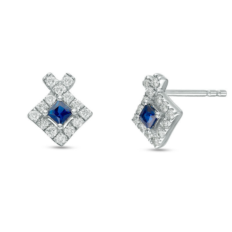 Vera Wang Love Collection Princess-Cut Blue Sapphire 0.23 CT. T.W. Diamond Frame Stud Earrings in Sterling Silver