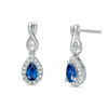 Thumbnail Image 0 of Vera Wang Love Collection Pear-Shaped Blue Sapphire and 0.15 CT. T.W. Diamond Frame Drop Earrings in 14K White Gold