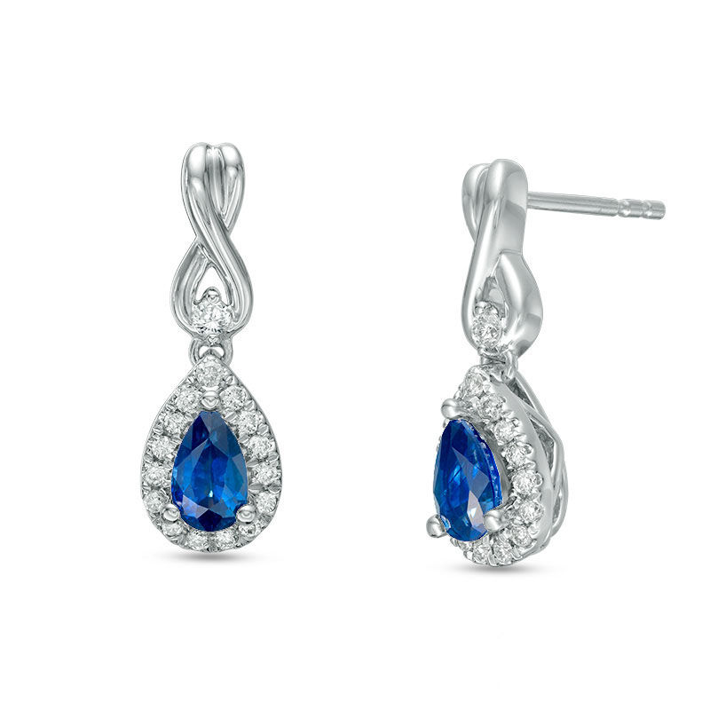 Vera Wang Love Collection Pear-Shaped Blue Sapphire and 0.15 CT. T.W. Diamond Frame Drop Earrings in 14K White Gold