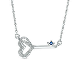 Vera Wang Love Collection 0.05 CT. T.W. Diamond and Blue Sapphire Heart-Top Key Necklace in Sterling Silver - 19&quot;