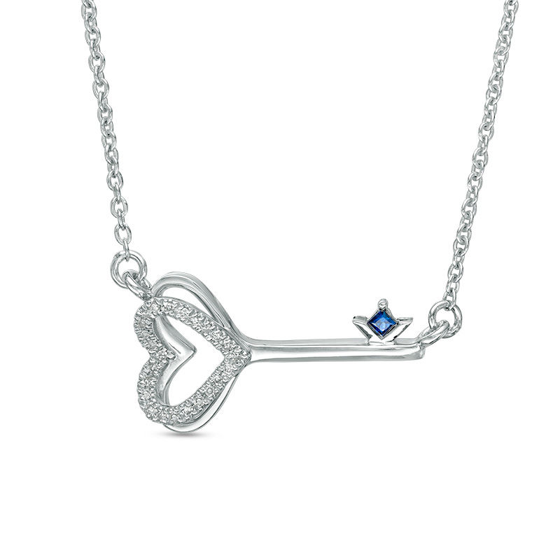 Vera Wang Love Collection 0.05 CT. T.W. Diamond and Blue Sapphire Heart-Top Key Necklace in Sterling Silver - 19"