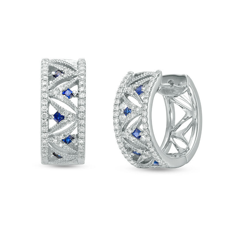 Vera Wang Love Collection 0.23 CT. T.W. Diamond and Princess-Cut Blue Sapphire Hoop Earrings in 14K White Gold