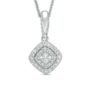 Vera Wang Love Collection 0.38 CT. T.W. Diamond and Blue Sapphire Tilted Double Frame Pendant in 14K White Gold - 19"
