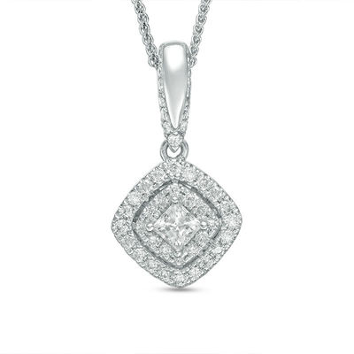 Vera Wang Love Collection 0.38 CT. T.W. Diamond and Blue Sapphire Tilted Double Frame Pendant in 14K White Gold - 19"