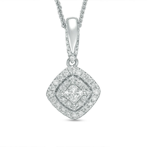 Vera Wang Love Collection 0.38 CT. T.W. Diamond and Blue Sapphire Tilted Double Frame Pendant in 14K White Gold - 19"
