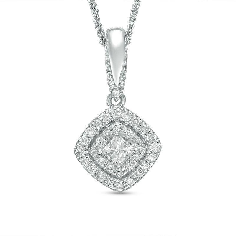 Main Image 1 of Vera Wang Love Collection 0.38 CT. T.W. Diamond and Blue Sapphire Tilted Double Frame Pendant in 14K White Gold - 19"