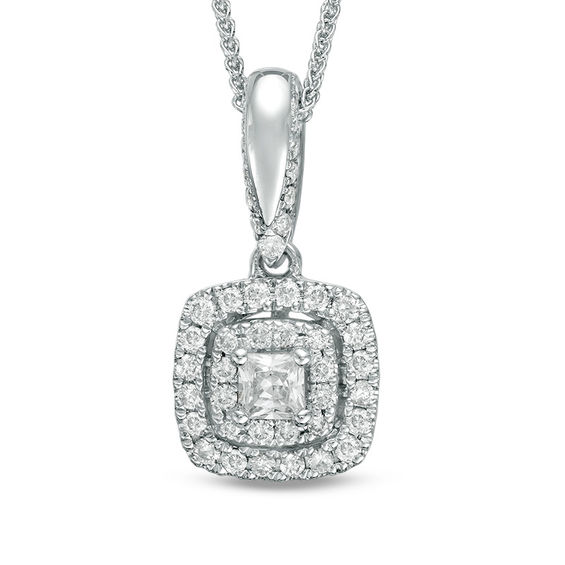 Vera Wang Love Collection 0.38 CT. T.W. Diamond and Blue Sapphire Double Cushion Frame Pendant in 14K White Gold - 19"