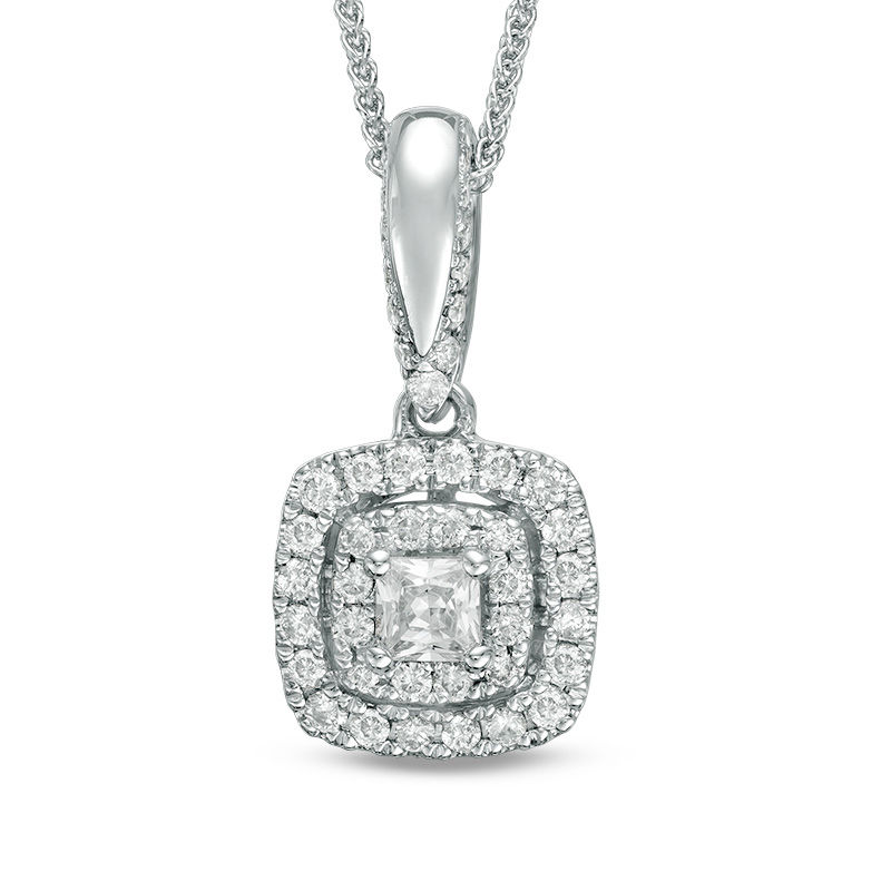 Vera Wang Love Collection 0.38 CT. T.W. Diamond and Blue Sapphire Double Cushion Frame Pendant in 14K White Gold - 19"