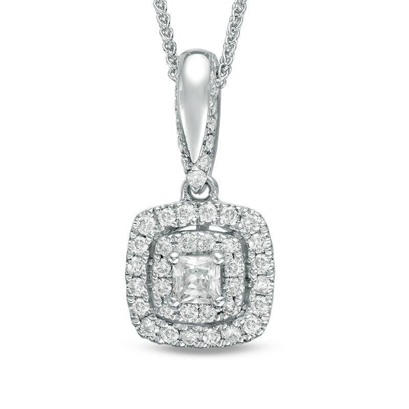 Vera Wang Love Collection 0.38 CT. T.W. Diamond and Blue Sapphire Double Cushion Frame Pendant in 14K White Gold - 19"|Peoples Jewellers