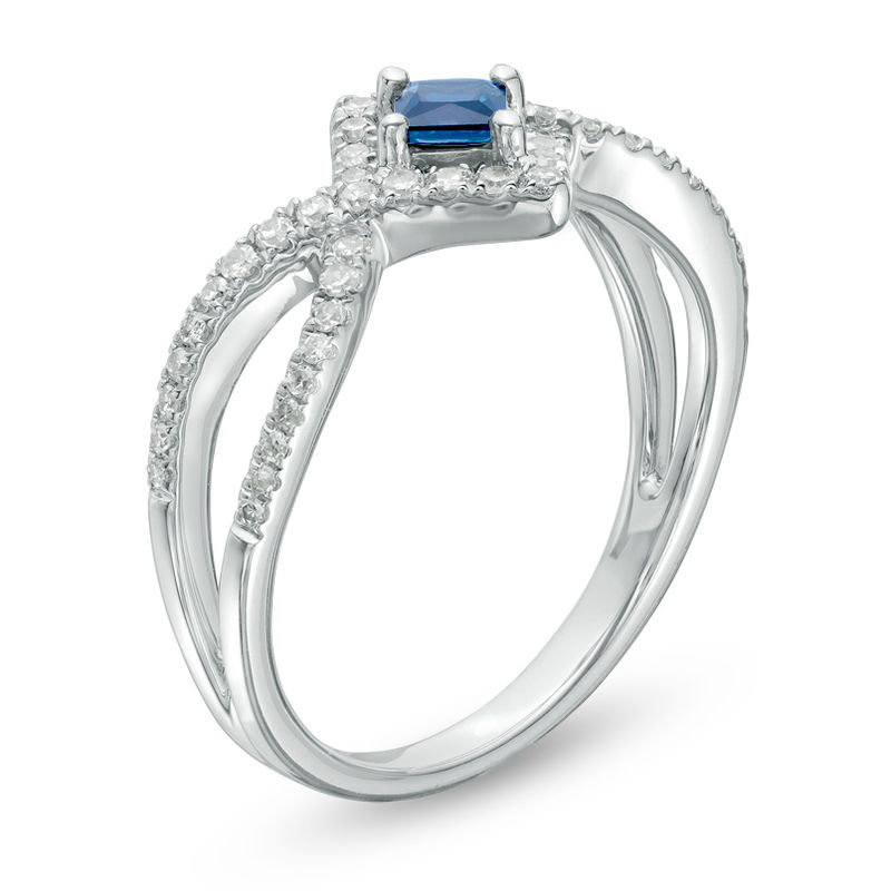 Main Image 2 of Vera Wang Love Collection Princess-Cut Blue Sapphire and 0.23 CT. T.W. Diamond Frame Ring in Sterling Silver