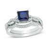 Thumbnail Image 1 of 6.0mm Princess-Cut Lab-Created Blue Sapphire and 0.14 CT. T.W. Diamond Twist Shank Bridal Set in Sterling Silver
