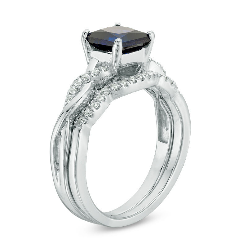 Main Image 2 of 6.0mm Princess-Cut Lab-Created Blue Sapphire and 0.14 CT. T.W. Diamond Twist Shank Bridal Set in Sterling Silver