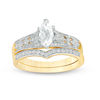 Thumbnail Image 1 of Marquise Lab-Created White Sapphire and 0.12 CT. T.W. Diamond Vintage-Style Bridal Set in 10K Gold