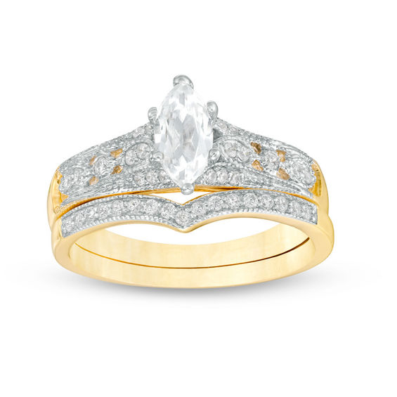 Marquise Lab-Created White Sapphire and 0.12 CT. T.W. Diamond Vintage-Style Bridal Set in 10K Gold