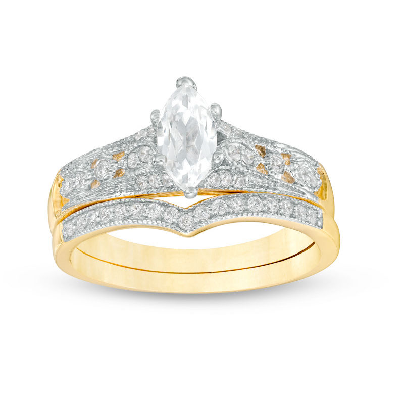 Marquise Lab-Created White Sapphire and 0.12 CT. T.W. Diamond Vintage-Style Bridal Set in 10K Gold