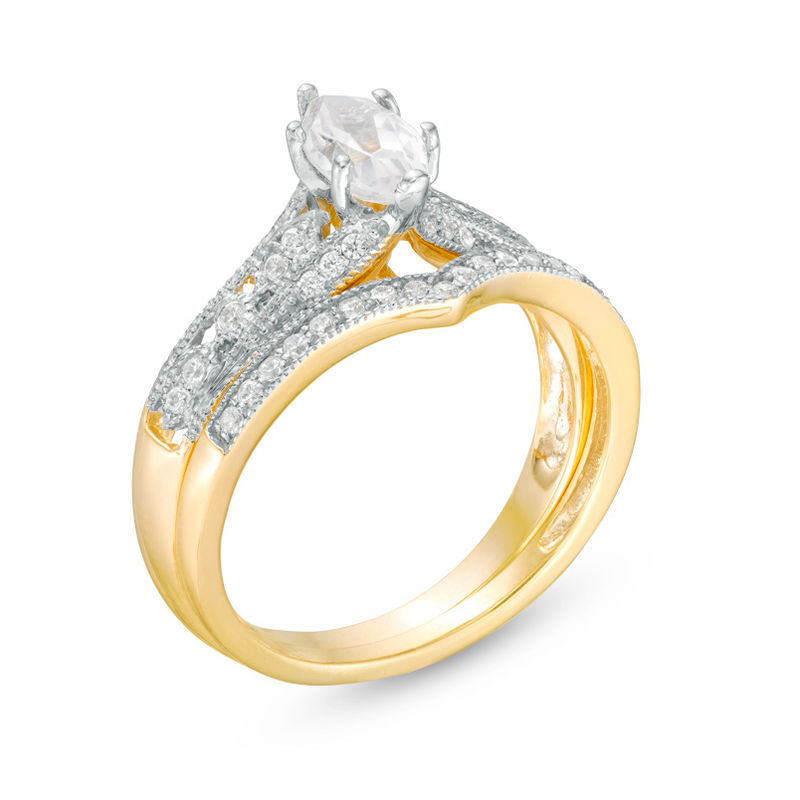 Main Image 2 of Marquise Lab-Created White Sapphire and 0.12 CT. T.W. Diamond Vintage-Style Bridal Set in 10K Gold